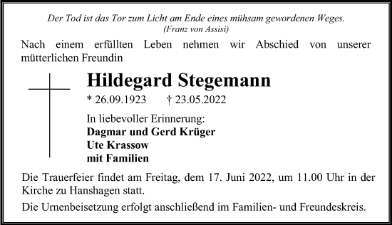 Traueranzeige von Hildegard Stegemann von Ostsee-Zeitung GmbH