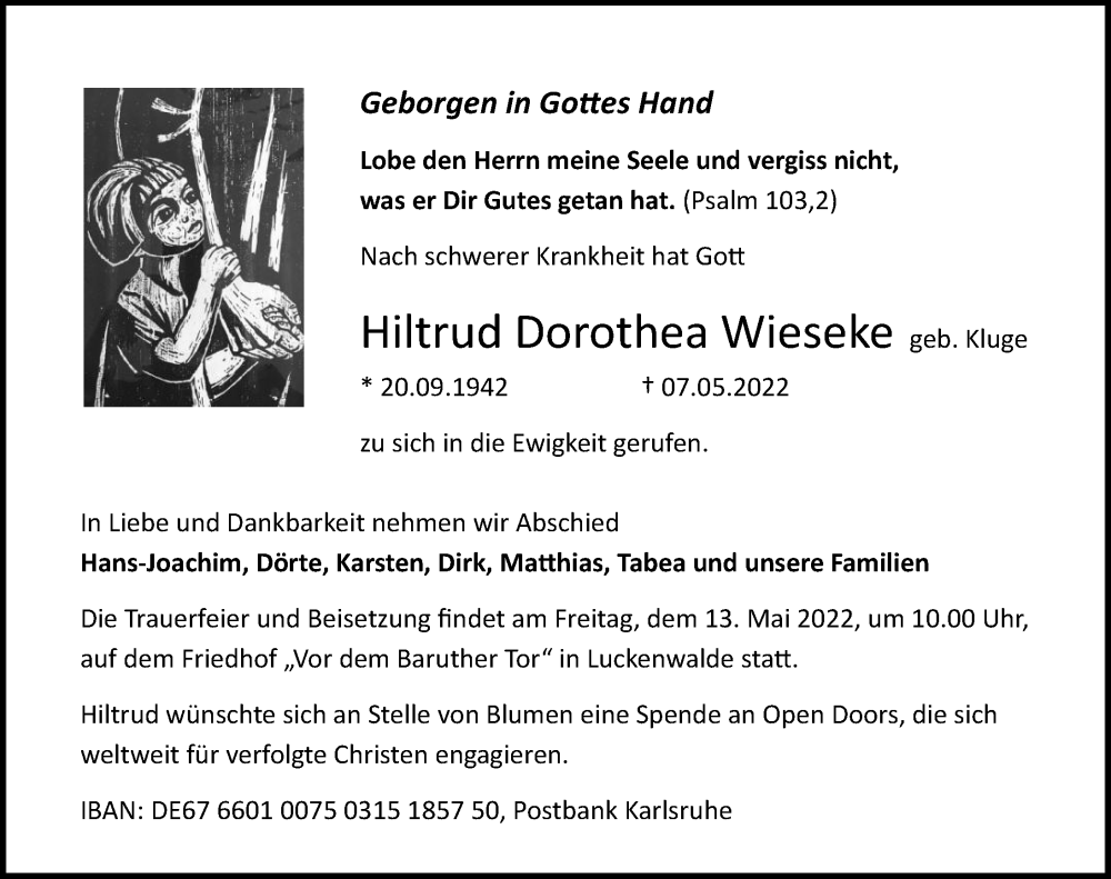  Traueranzeige für Hiltrud Dorothea Wieseke vom 11.05.2022 aus Märkischen Allgemeine Zeitung
