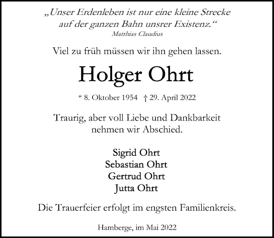 Traueranzeige von Holger Ohrt von Lübecker Nachrichten