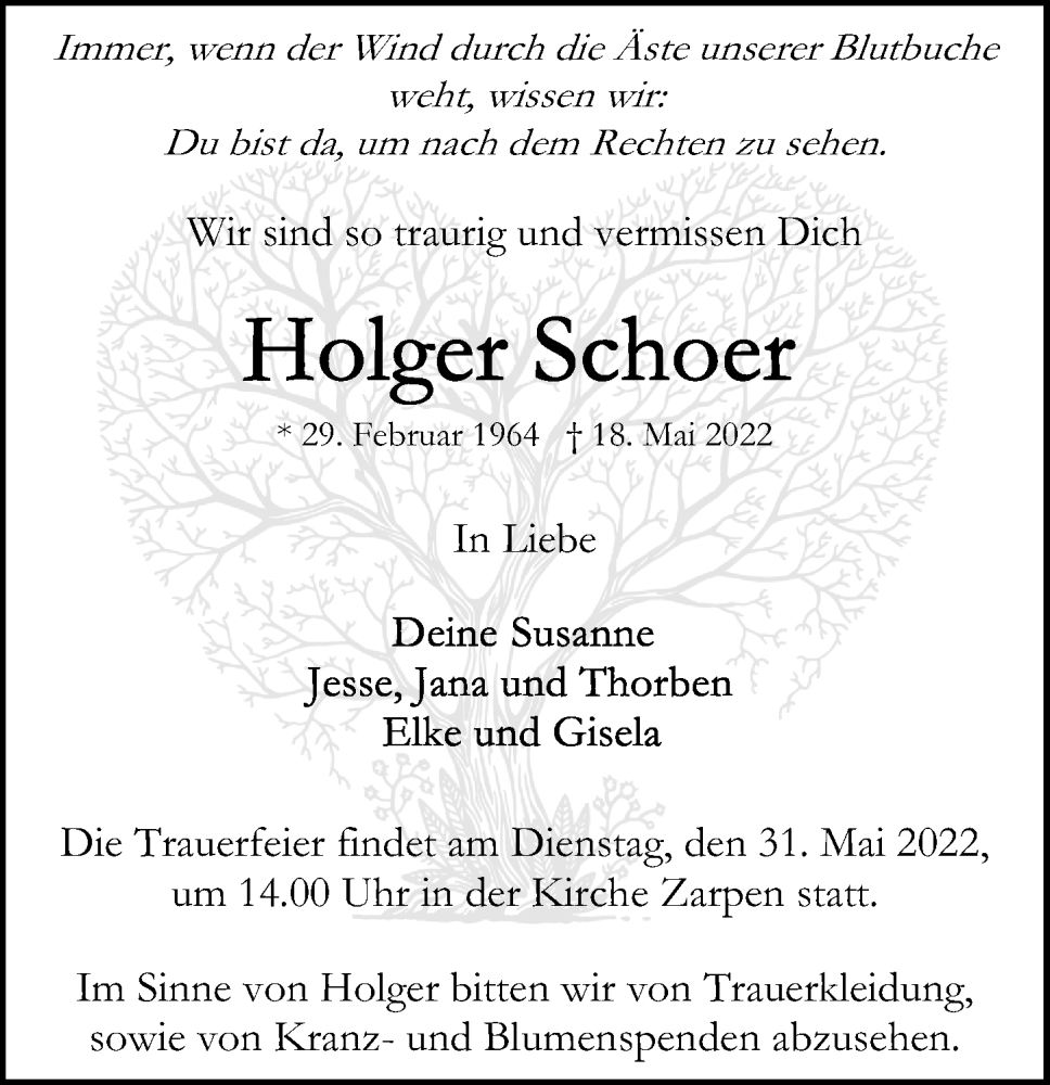  Traueranzeige für Holger Schoer vom 29.05.2022 aus Lübecker Nachrichten