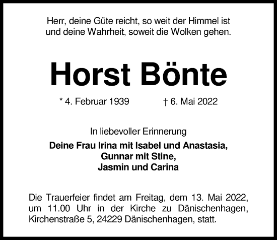 Traueranzeige von Horst Bönte von Kieler Nachrichten