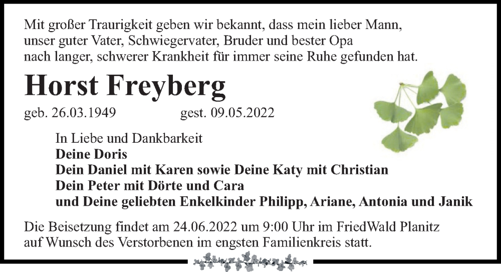  Traueranzeige für Horst Freyberg vom 14.05.2022 aus Leipziger Volkszeitung