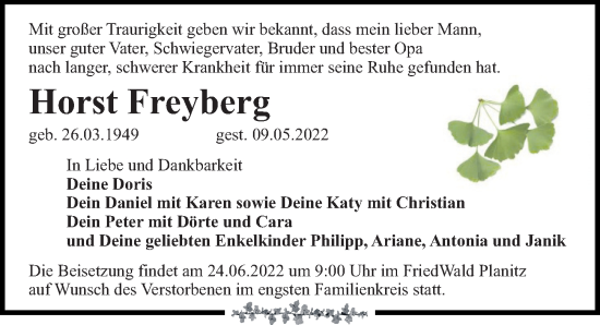 Traueranzeige von Horst Freyberg von Leipziger Volkszeitung