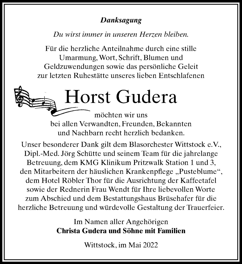  Traueranzeige für Horst Gudera vom 21.05.2022 aus Märkischen Allgemeine Zeitung