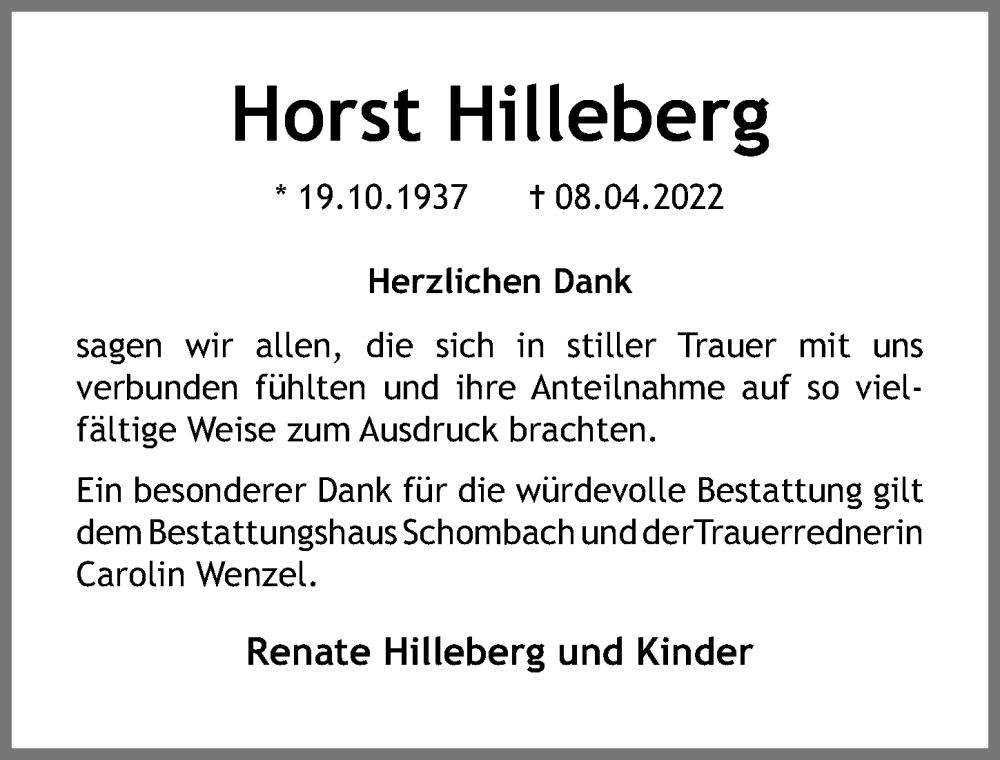  Traueranzeige für Horst Hilleberg vom 07.05.2022 aus Ostsee-Zeitung GmbH