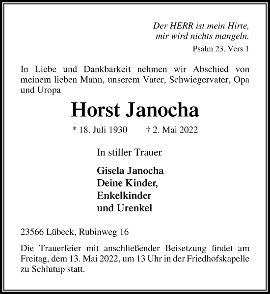 Traueranzeige von Horst Janocha von Lübecker Nachrichten