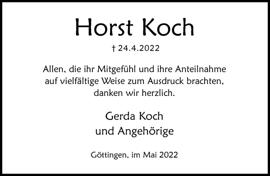 Traueranzeige von Horst Koch von Göttinger Tageblatt