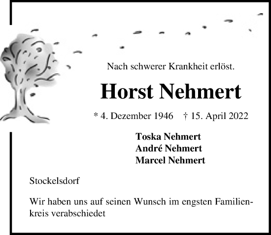 Traueranzeige von Horst Nehmert von Lübecker Nachrichten