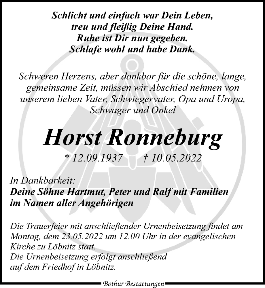  Traueranzeige für Horst Ronneburg vom 14.05.2022 aus Leipziger Volkszeitung