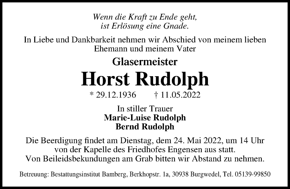  Traueranzeige für Horst Rudolph vom 21.05.2022 aus Hannoversche Allgemeine Zeitung/Neue Presse