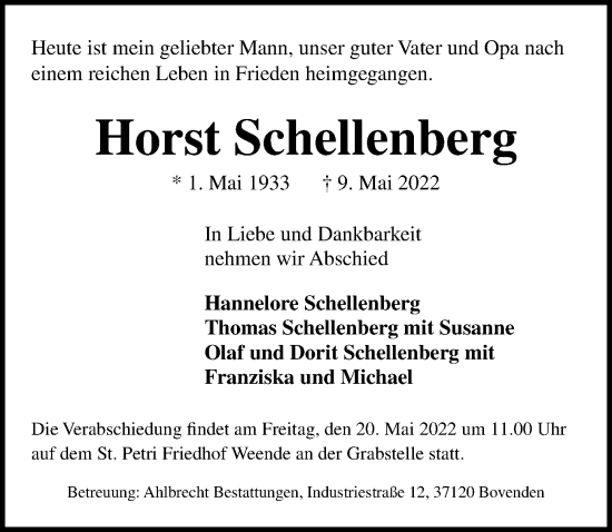 Traueranzeige von Horst Schellenberg von Göttinger Tageblatt
