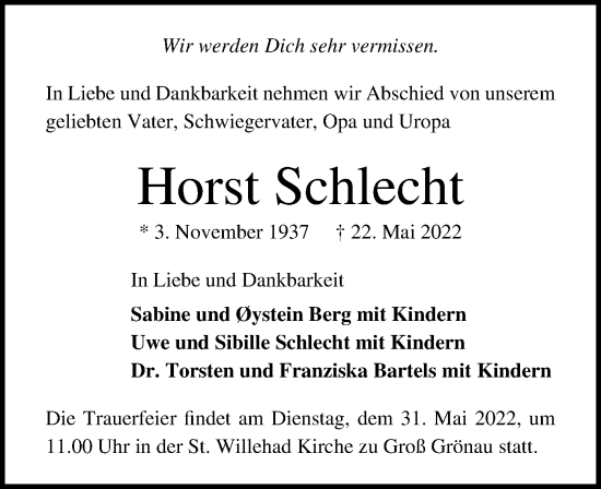 Traueranzeige von Horst Schlecht von Lübecker Nachrichten