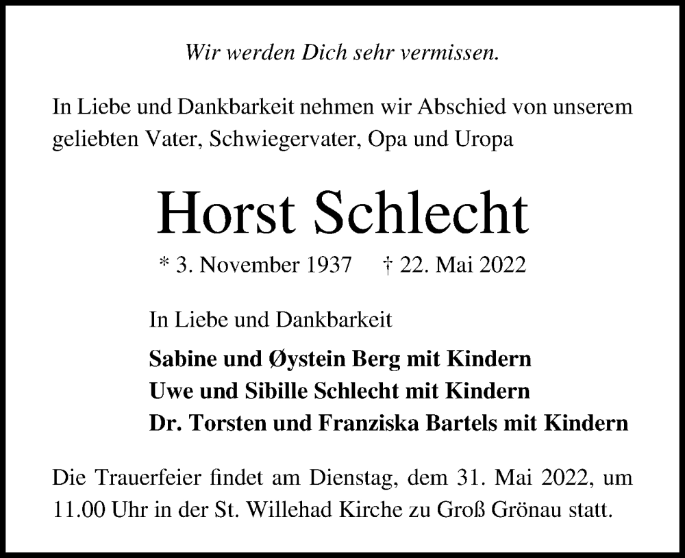  Traueranzeige für Horst Schlecht vom 26.05.2022 aus Lübecker Nachrichten