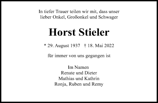 Traueranzeige von Horst Stieler von Ostsee-Zeitung GmbH