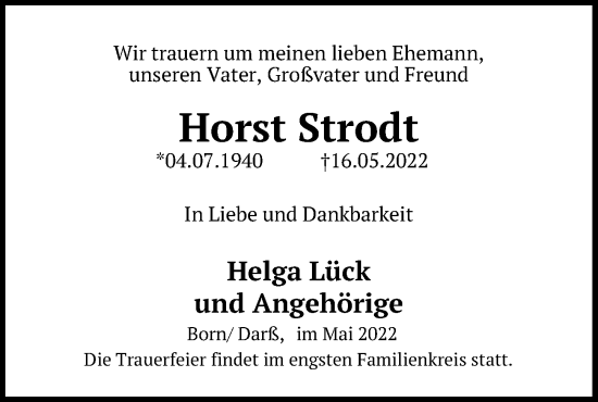Traueranzeige von Horst Strodt von Ostsee-Zeitung GmbH