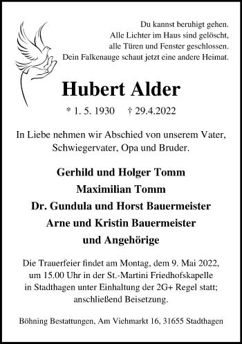 Traueranzeige von Hubert Alder von Schaumburger Nachrichten