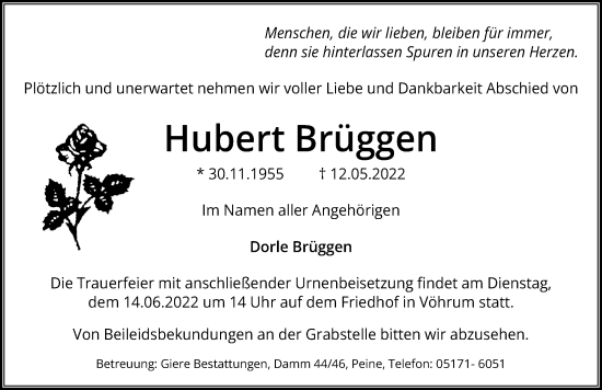 Traueranzeige von Hubert Brüggen von Peiner Allgemeine Zeitung