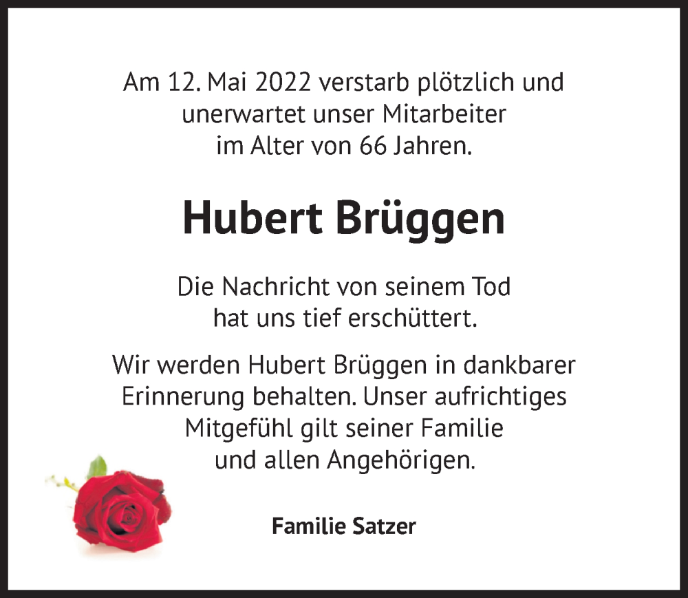  Traueranzeige für Hubert Brüggen vom 21.05.2022 aus Peiner Allgemeine Zeitung