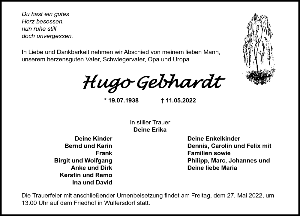  Traueranzeige für Hugo Gebhardt vom 21.05.2022 aus Märkischen Allgemeine Zeitung