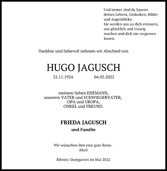 Traueranzeige von Hugo Jagusch von Ostsee-Zeitung GmbH