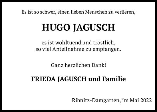 Traueranzeige von Hugo Jagusch von Ostsee-Zeitung GmbH