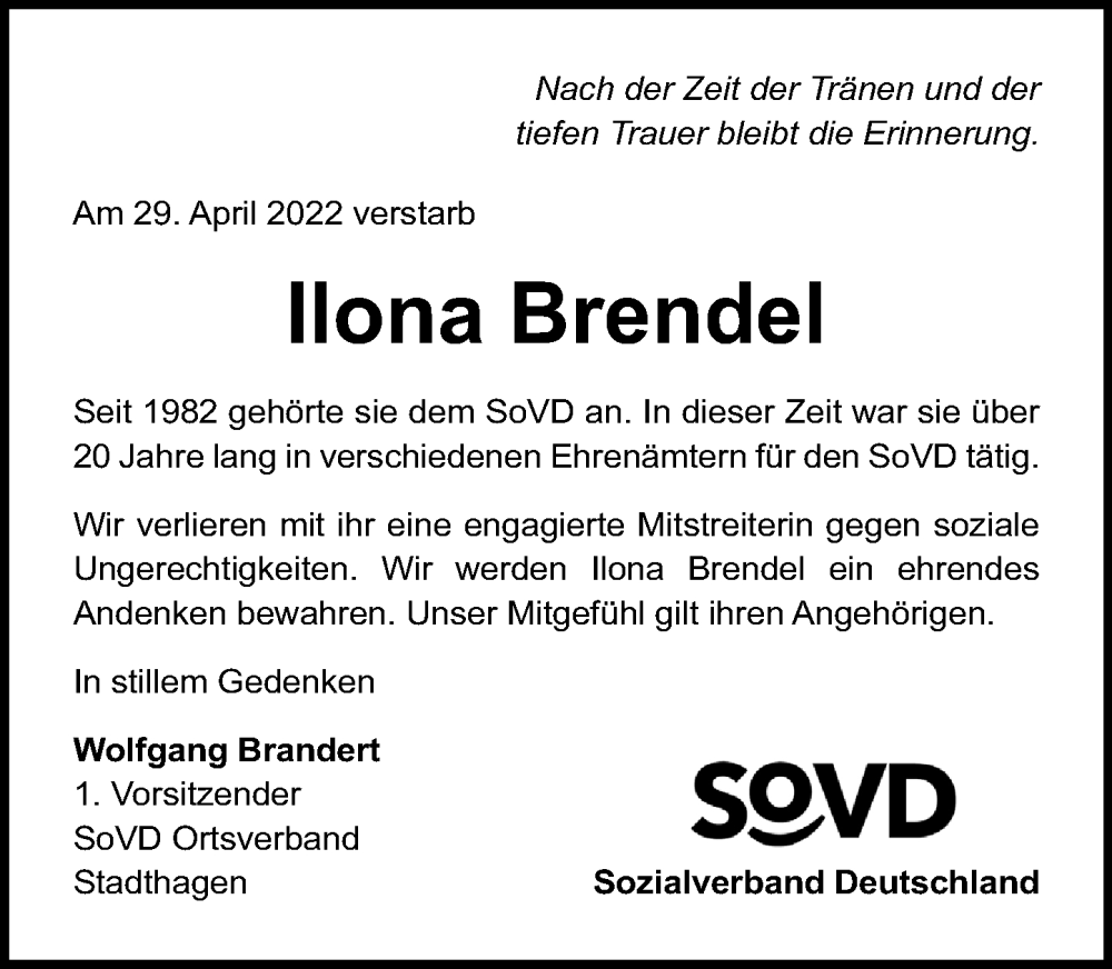  Traueranzeige für Ilona Brendel vom 20.05.2022 aus Schaumburger Nachrichten