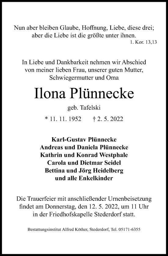 Traueranzeige von Ilona Plünnecke von Peiner Allgemeine Zeitung