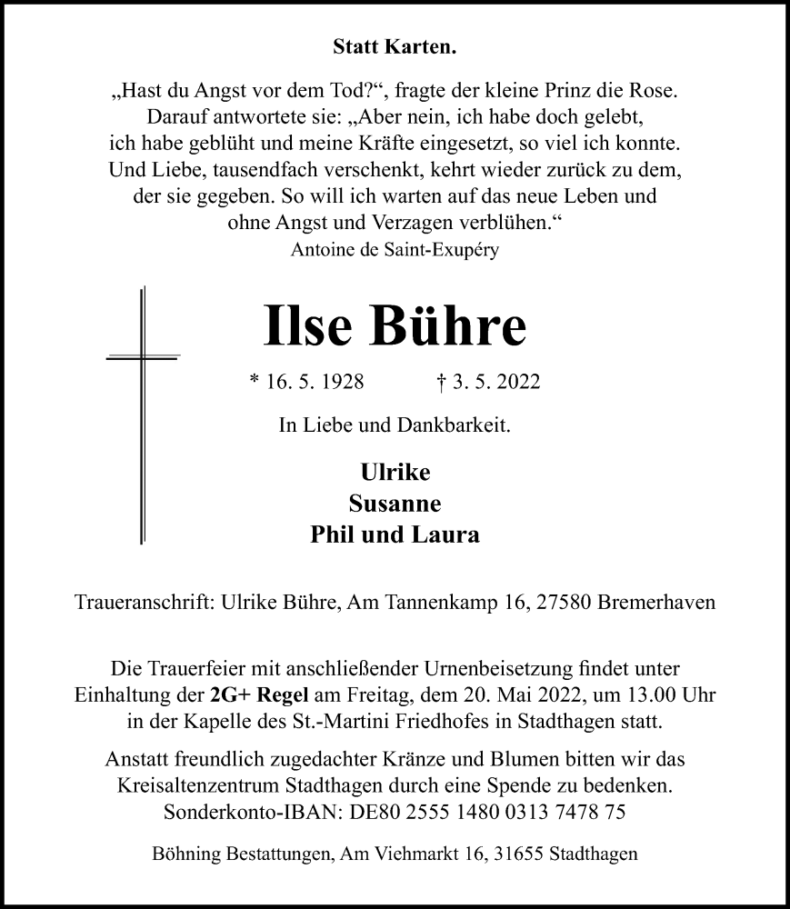  Traueranzeige für Ilse Bühre vom 07.05.2022 aus Schaumburger Nachrichten