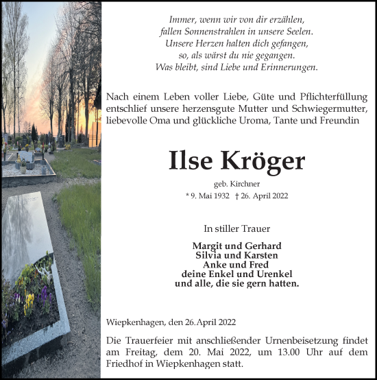Traueranzeige von Ilse Kröger von Ostsee-Zeitung GmbH