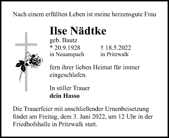 Traueranzeige von Ilse Nädtke von Märkischen Allgemeine Zeitung