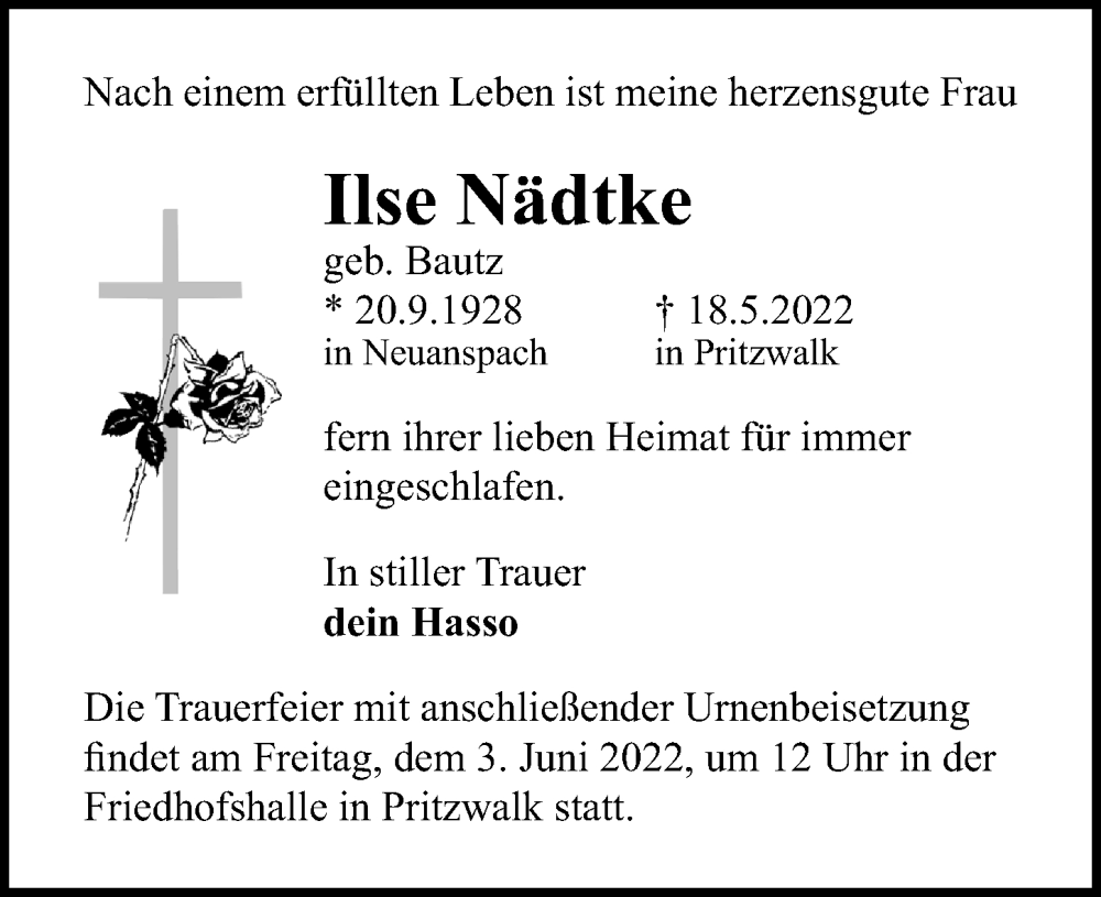  Traueranzeige für Ilse Nädtke vom 21.05.2022 aus Märkischen Allgemeine Zeitung