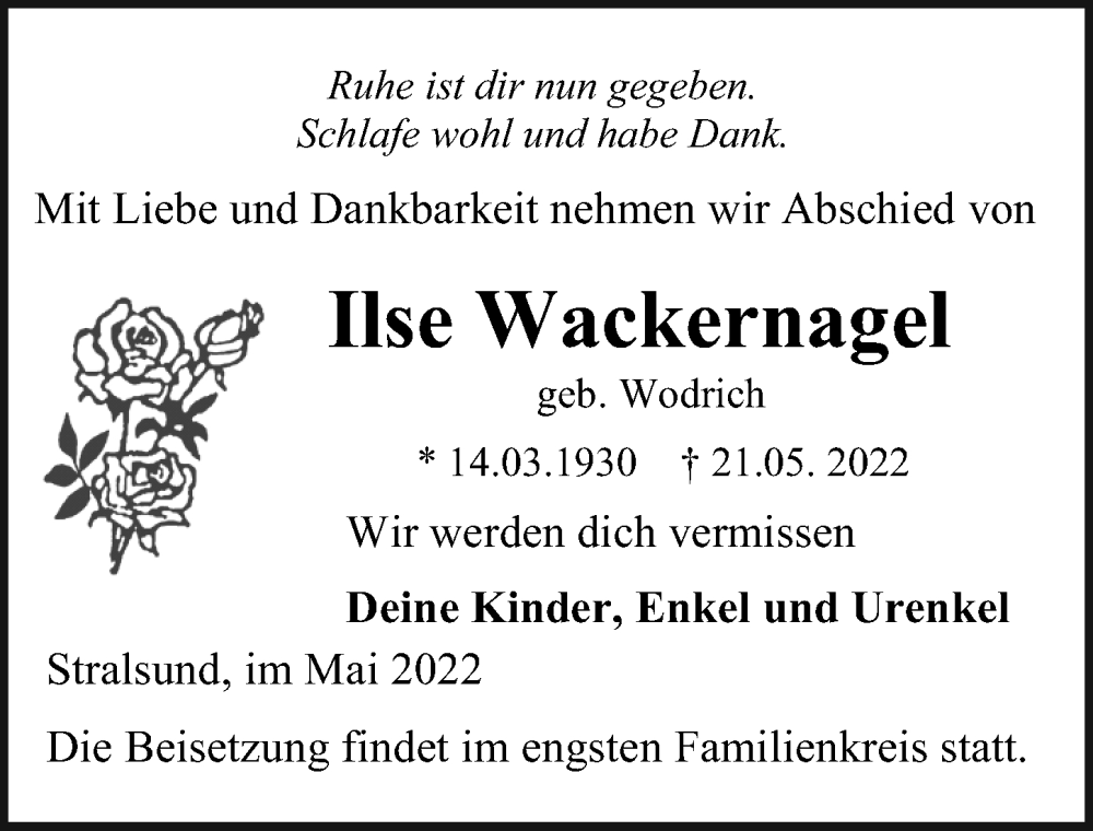  Traueranzeige für Ilse Wackernagel vom 28.05.2022 aus Ostsee-Zeitung GmbH
