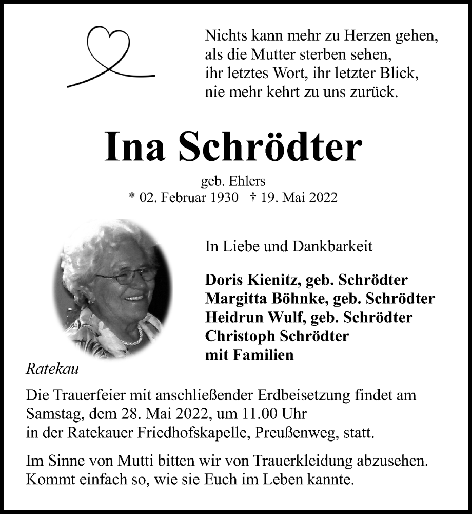  Traueranzeige für Ina Schrödter vom 25.05.2022 aus Lübecker Nachrichten