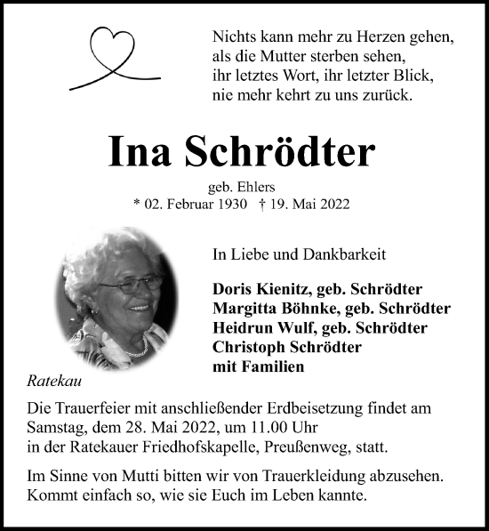 Traueranzeige von Ina Schrödter von Lübecker Nachrichten