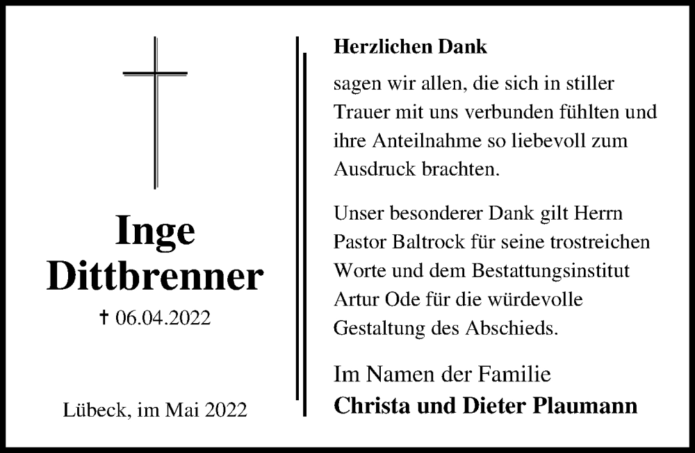  Traueranzeige für Inge Dittbrenner vom 08.05.2022 aus Lübecker Nachrichten