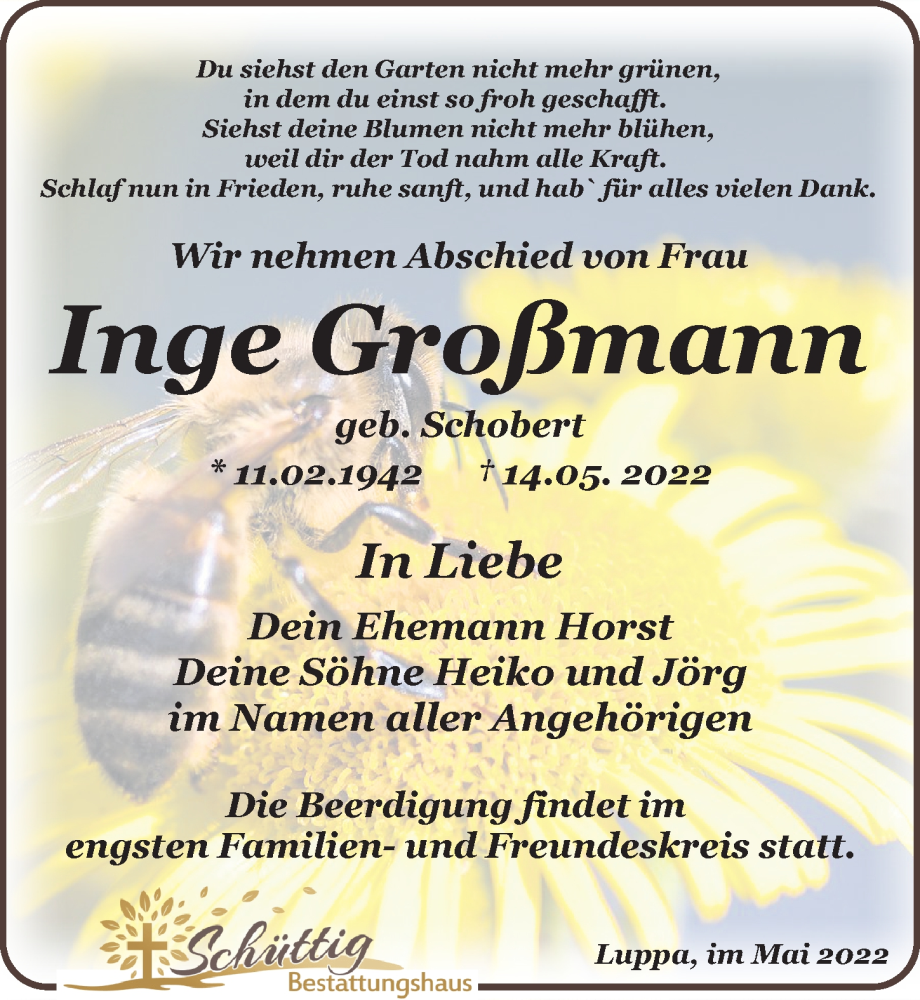  Traueranzeige für Inge Großmann vom 21.05.2022 aus Leipziger Volkszeitung