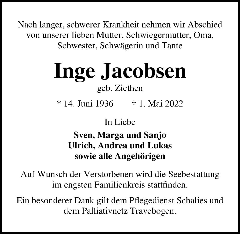  Traueranzeige für Inge Jacobsen vom 08.05.2022 aus Lübecker Nachrichten