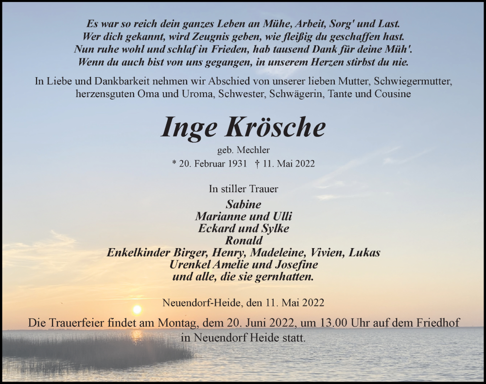  Traueranzeige für Inge Krösche vom 14.05.2022 aus Ostsee-Zeitung GmbH