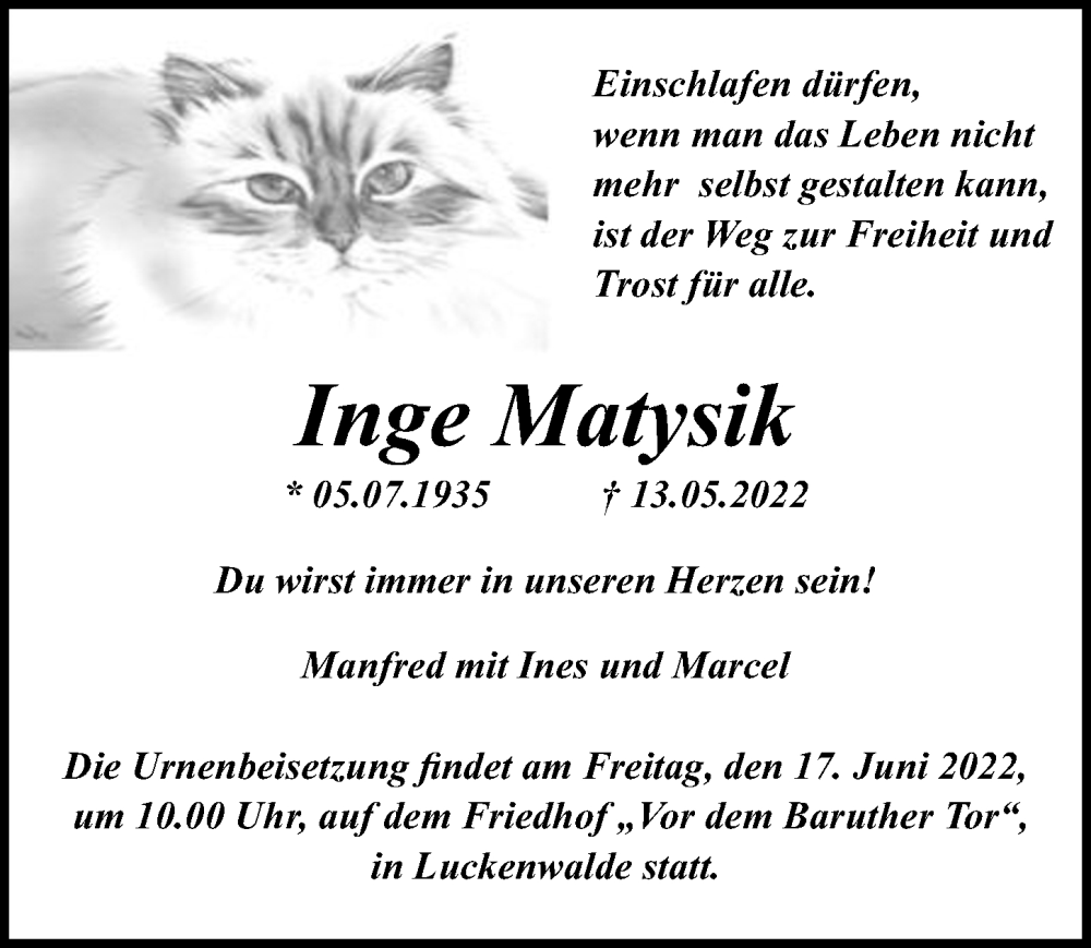  Traueranzeige für Inge Matysik vom 28.05.2022 aus Märkischen Allgemeine Zeitung