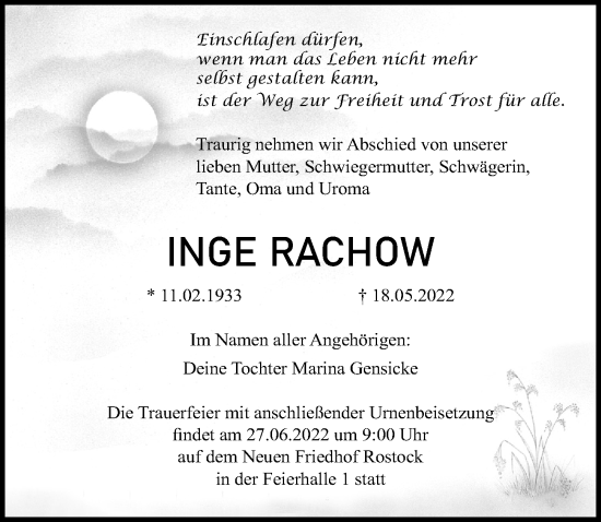 Traueranzeige von Inge  Rachow von Ostsee-Zeitung GmbH