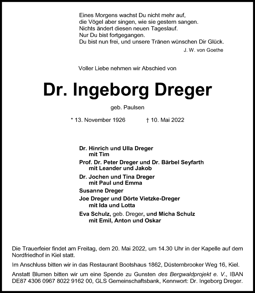  Traueranzeige für Ingeborg Dreger vom 14.05.2022 aus Kieler Nachrichten