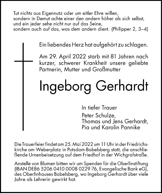 Traueranzeige von Ingeborg Gerhardt von Märkischen Allgemeine Zeitung