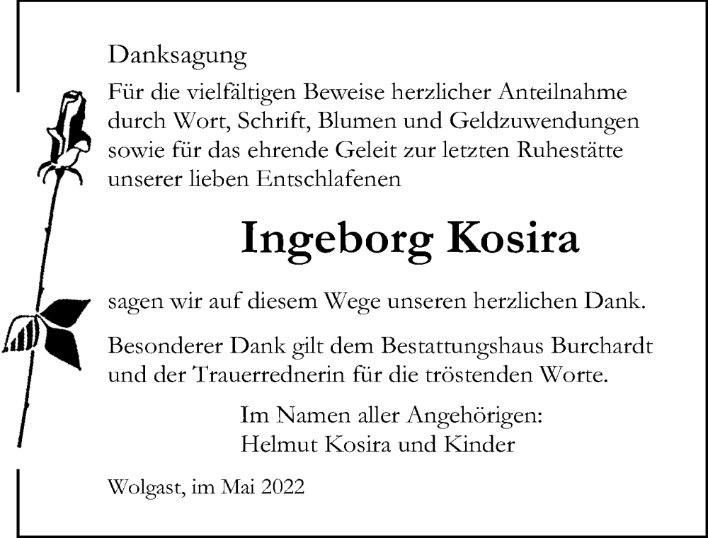  Traueranzeige für Ingeborg Kosira vom 07.05.2022 aus Ostsee-Zeitung GmbH