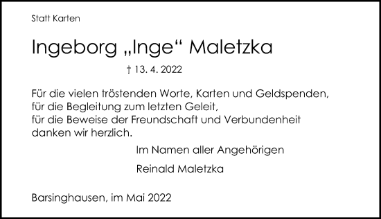 Traueranzeige von Ingeborg Maletzka von Hannoversche Allgemeine Zeitung/Neue Presse