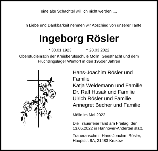Traueranzeige von Ingeborg Rösler von Lübecker Nachrichten