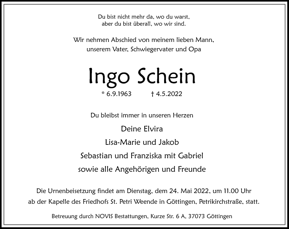  Traueranzeige für Ingo Schein vom 14.05.2022 aus Göttinger Tageblatt