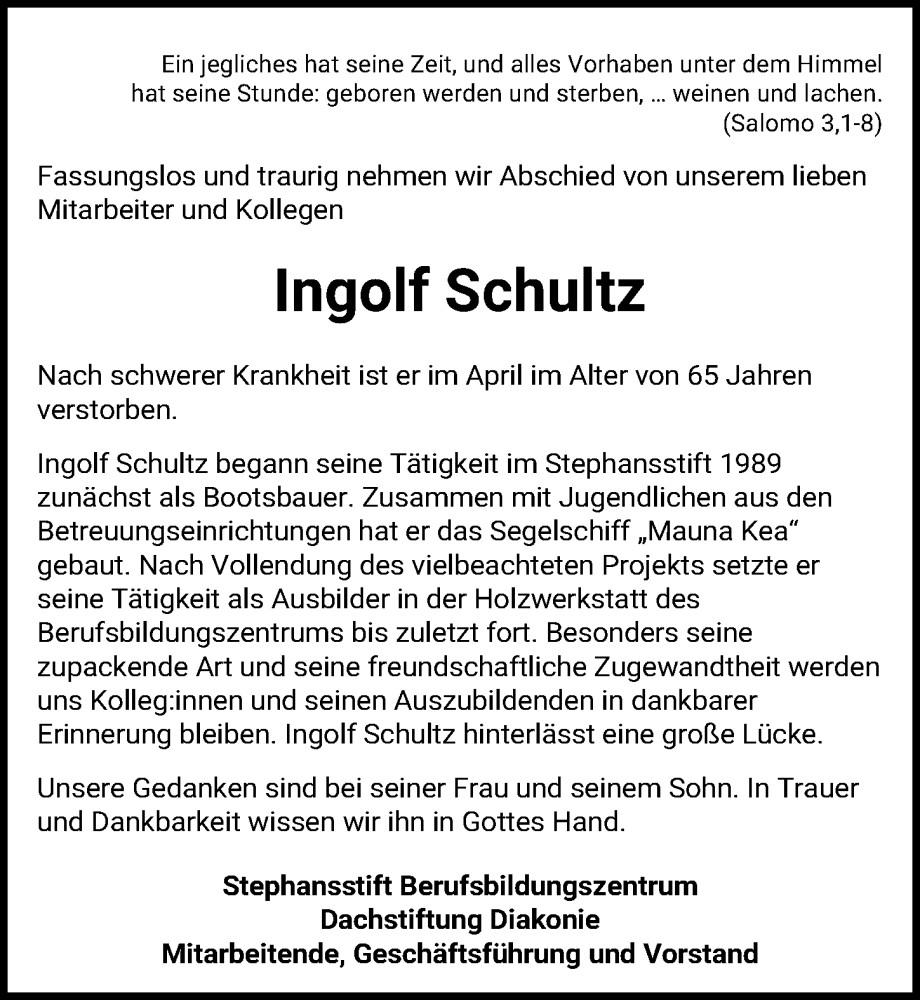  Traueranzeige für Ingolf Schultz vom 25.05.2022 aus Hannoversche Allgemeine Zeitung/Neue Presse