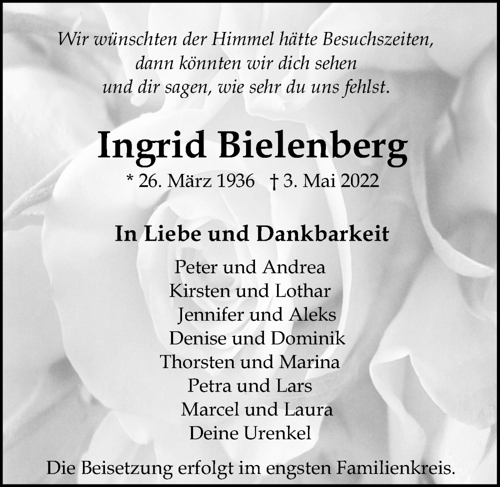  Traueranzeige für Ingrid Bielenberg vom 07.05.2022 aus Kieler Nachrichten