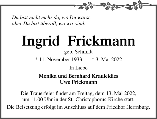 Traueranzeige von Ingrid Frickmann von Lübecker Nachrichten