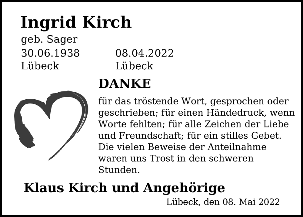  Traueranzeige für Ingrid Kirch vom 08.05.2022 aus Lübecker Nachrichten
